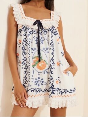 ISO!!!!!Free People White Mini Dress with Navy & Orange Floral Embroidery